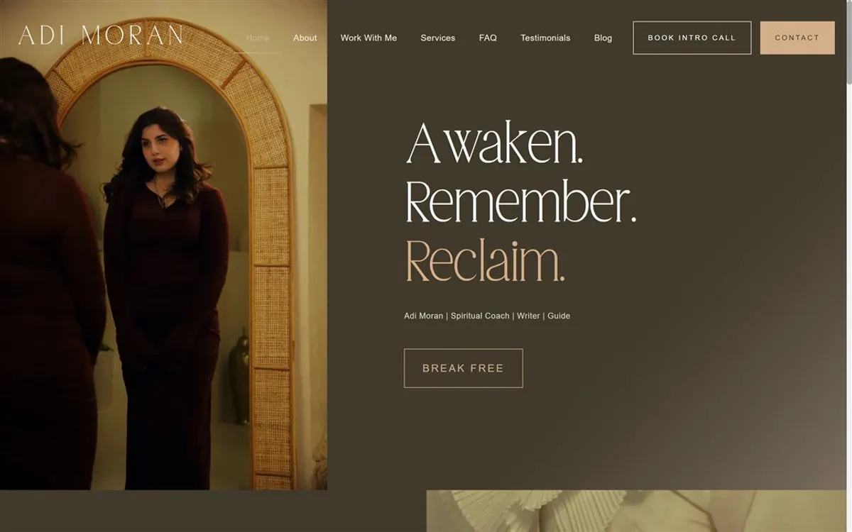 Adi Moran coaching site with a warm hero reading Awaken, Remember, Reclaim.