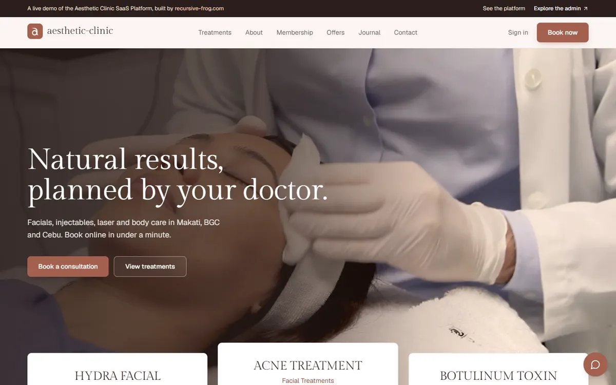 Aesthetic clinic home page with the headline Natural results, planned by your doctor over a video of a facial treatment.
