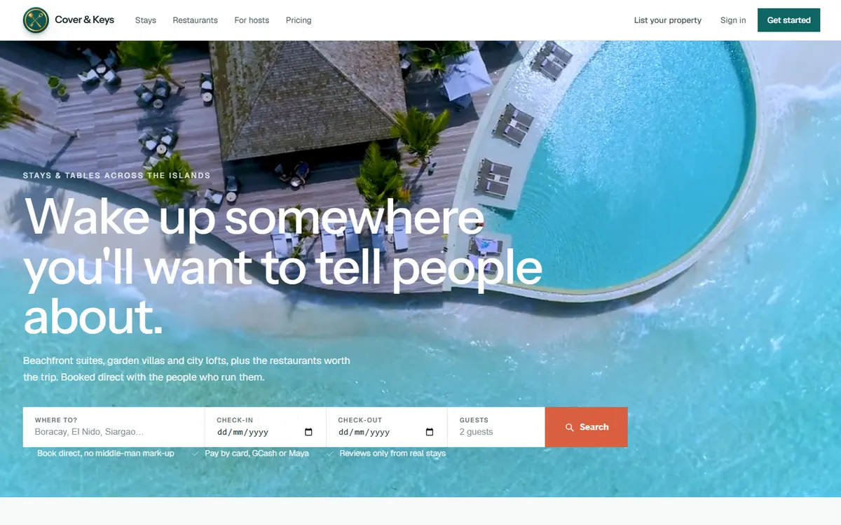 Cover & Keys home page: an aerial resort photo with the headline Wake up somewhere you will want to tell people about, and a stay search bar.