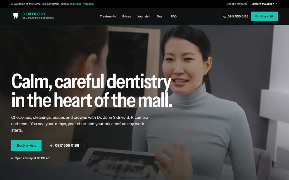 Dental clinic home page with the headline Calm, careful dentistry in the heart of the mall over a photo of a dentist showing a patient an x-ray.