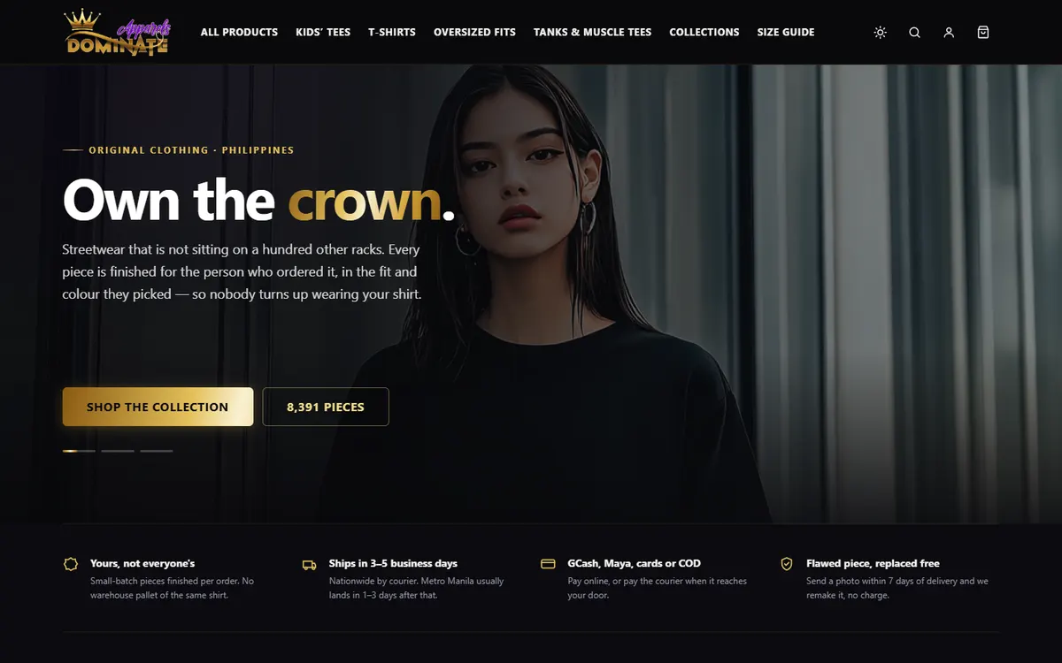 Dominate Apparels storefront with the headline Own the crown next to a model in a black tee.