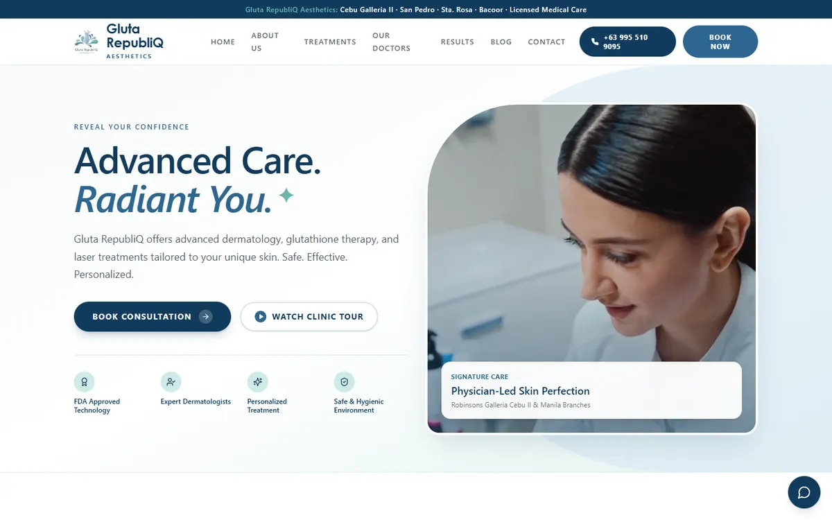 Gluta RepubliQ Aesthetics home page with the headline Advanced Care. Radiant You. beside a photo of a doctor.