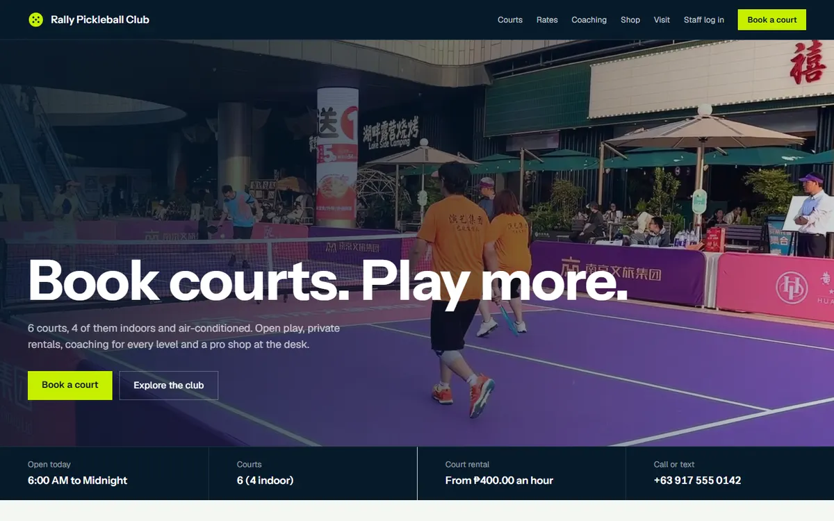 Rally Pickleball Club home page with the headline Book courts. Play more. over a photo of players on a purple court.