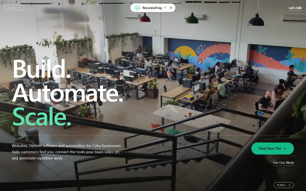Recursive Frog home page with the headline Build. Automate. Scale. over a video of an open-plan office.
