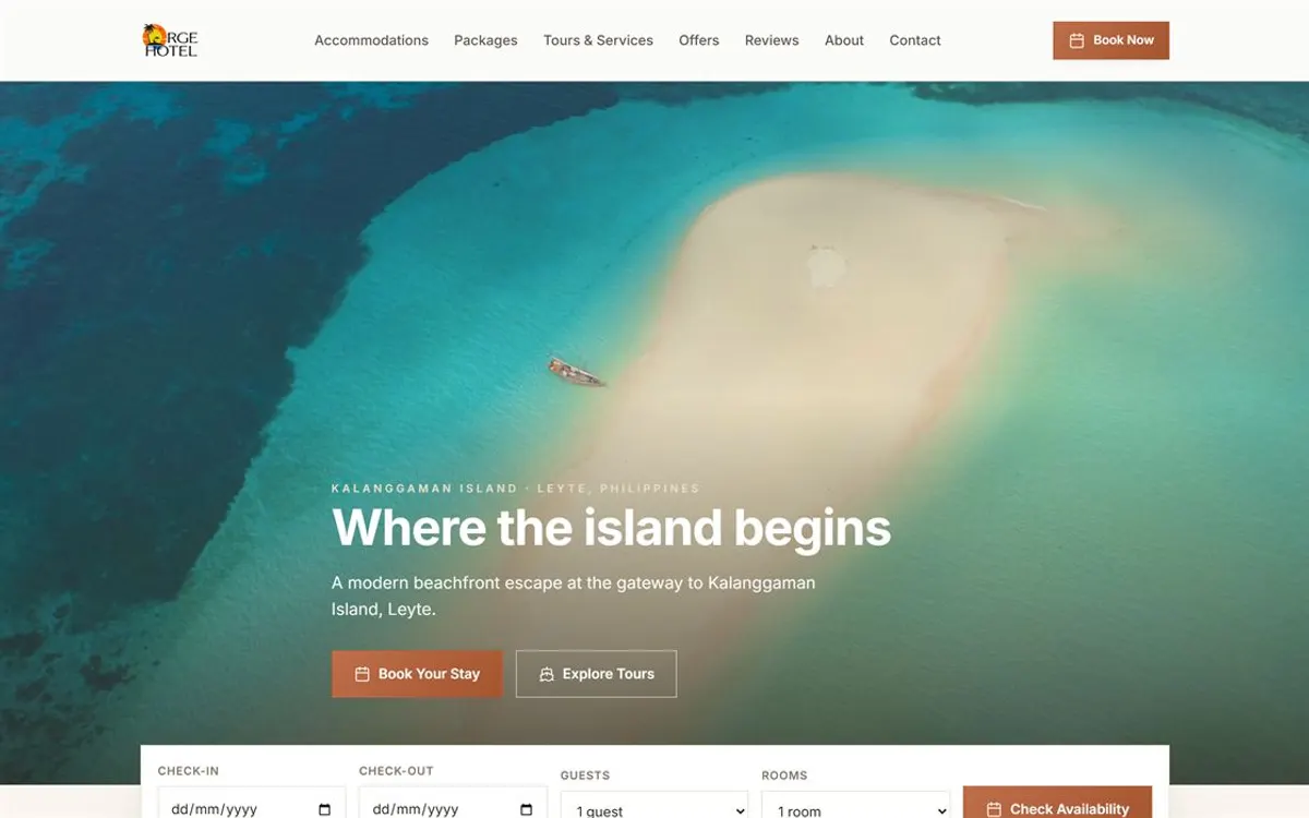 RGE Hotel home page with an aerial view of Kalanggaman Island and a booking form.