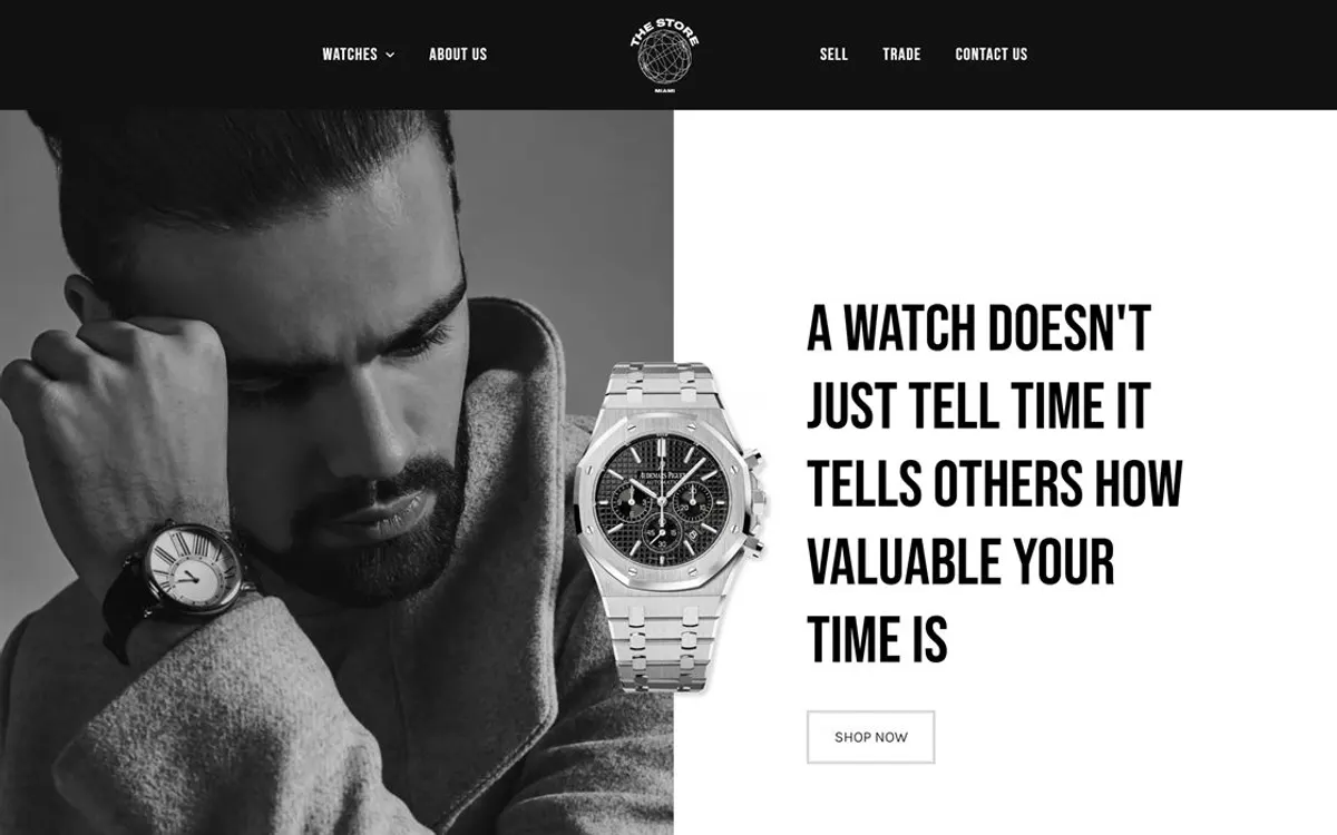 The Store Miami home page, an editorial black and white luxury watch storefront.