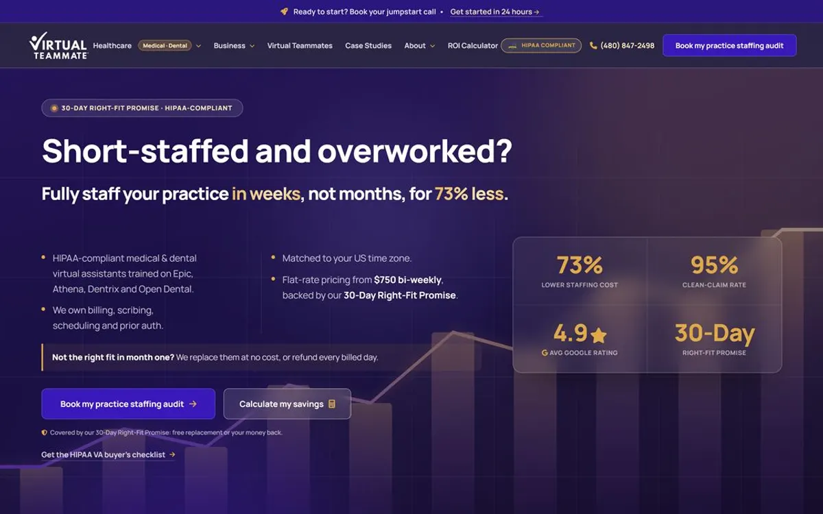 Virtual Teammate home page with a violet hero reading Short-staffed and overworked.